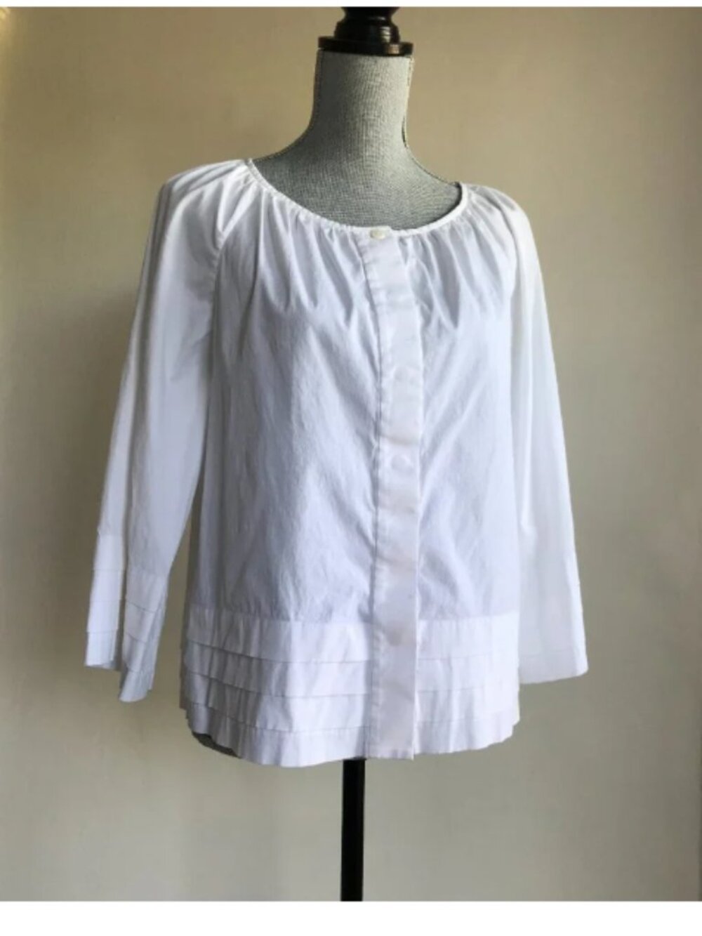Charles Nolan M 8 Pleated Hem White Cotton Top Button Down Blouse Loose Sleeves